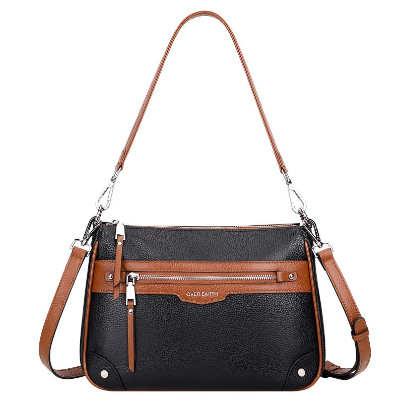 Over Earth Soft Genuine Leather Crossbody Bags for Women Medium Shoulder Purses Hobo Handbags with Multi Pockets(O190E Black/Brown) - Image 1