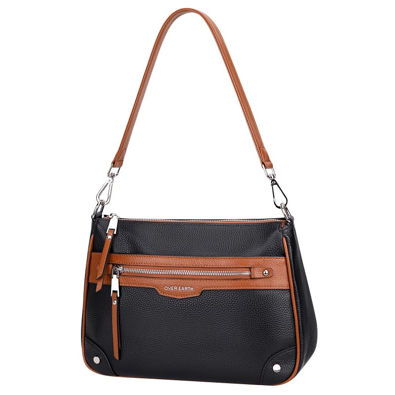 Over Earth Soft Genuine Leather Crossbody Bags for Women Medium Shoulder Purses Hobo Handbags with Multi Pockets(O190E Black/Brown) - Image 4