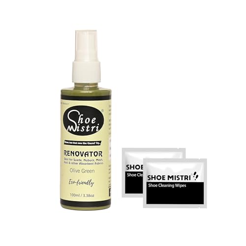 Shoe mistri Shoe Cleaner(2 Wipes) and Olive Green Renovator (Shoe Liquid Polish), Shoe Dust & Stain Remover, Shoe Care Spray for Suede, Nubuck, Canvas, Knit and most other absorbent Fabrics - 100 Ml - Image 1