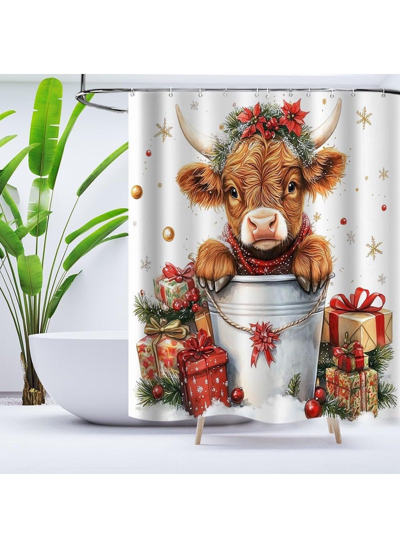 Ticuenicoa Ticuenicoa Cute Christmas Highland Cow Shower Curtain  72Wx72H Waterproof Polyester for Bathroom Decor Merry Xmas Red Western Rustic Bull Floral Design with 12 Plastic Hooks  - Image 1