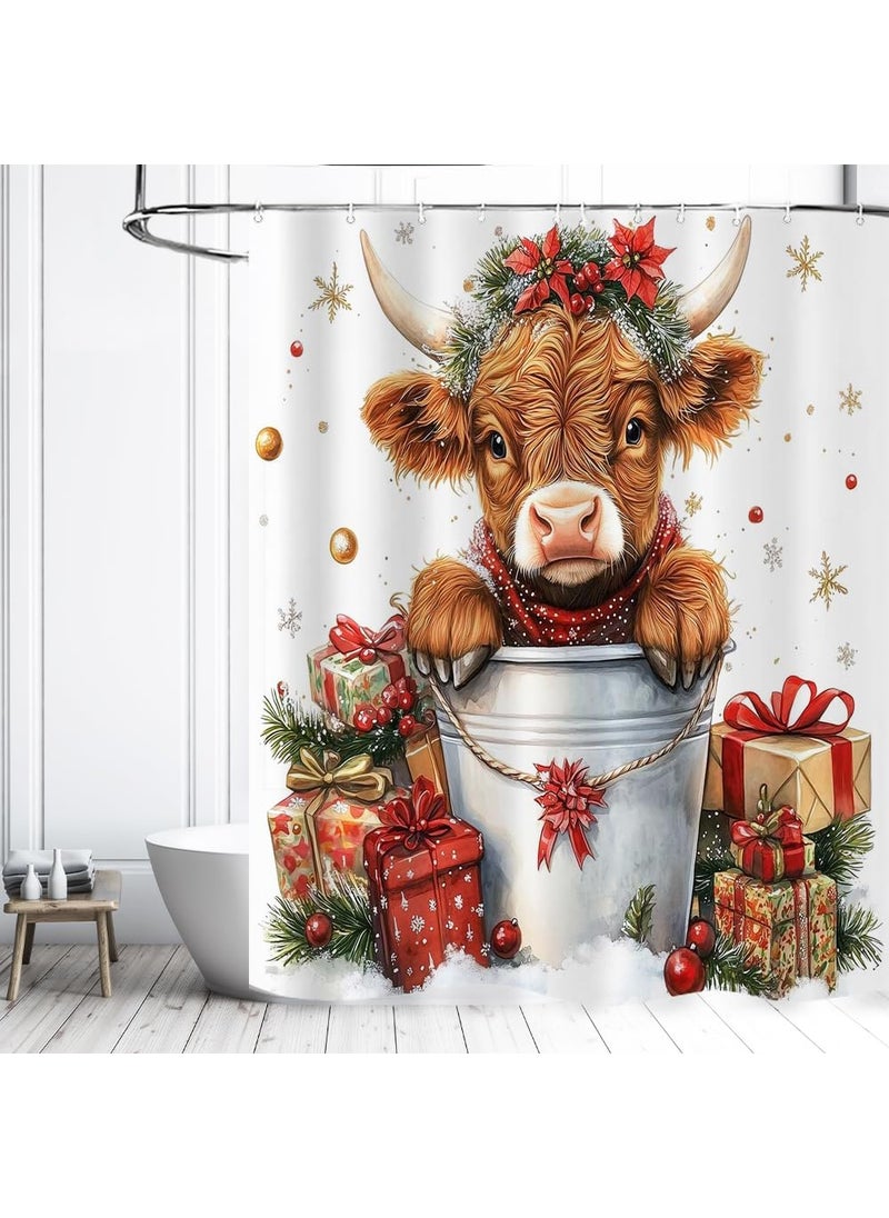 Ticuenicoa Ticuenicoa Cute Christmas Highland Cow Shower Curtain  72Wx72H Waterproof Polyester for Bathroom Decor Merry Xmas Red Western Rustic Bull Floral Design with 12 Plastic Hooks  - Image 3