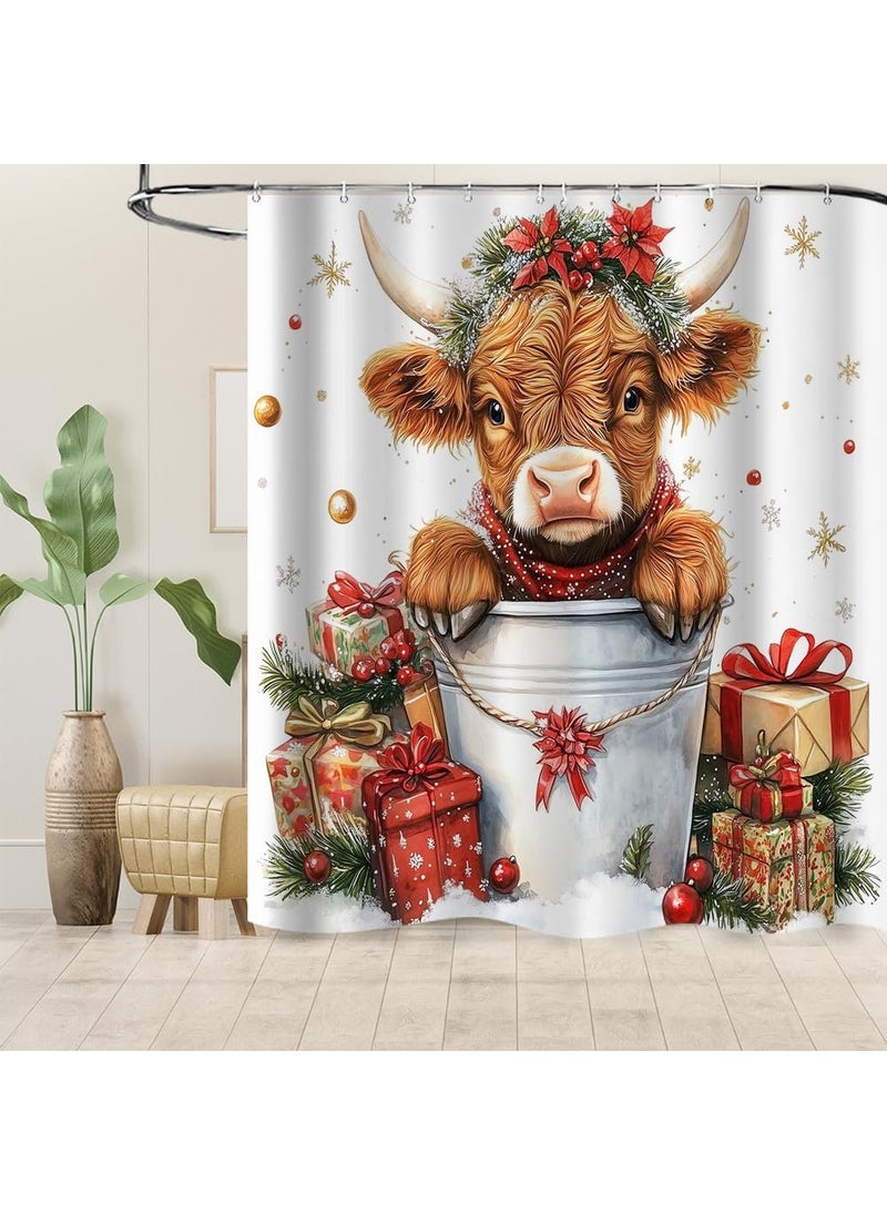 Ticuenicoa Ticuenicoa Cute Christmas Highland Cow Shower Curtain  72Wx72H Waterproof Polyester for Bathroom Decor Merry Xmas Red Western Rustic Bull Floral Design with 12 Plastic Hooks  - Image 5