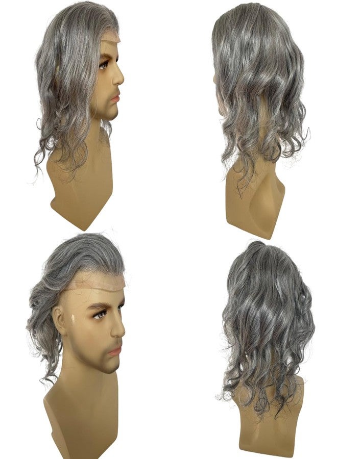 Voloria 12" Long Hair Men's Toupee Natural Wave Hair Replacement System for Men 10"x8" Base Size 1B Black Color Real Human Hair Mixed 80% Grey Synthetic - Image 2