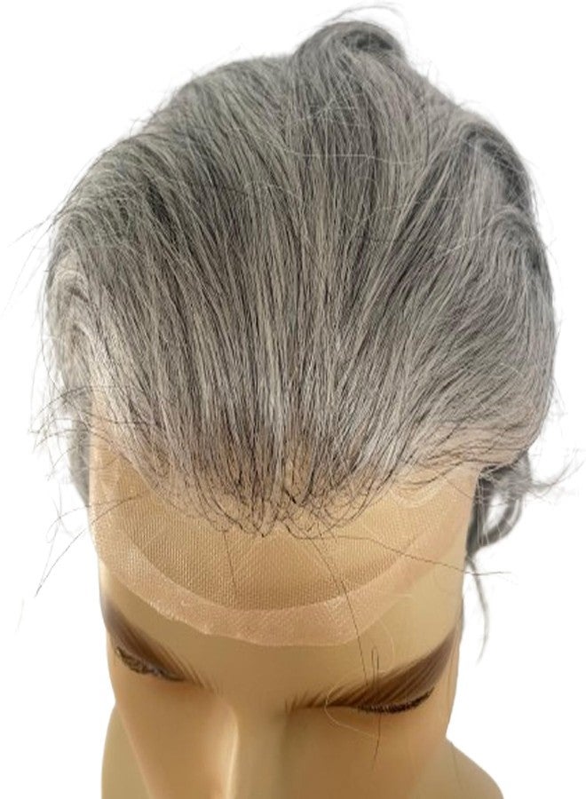 Voloria 12" Long Hair Men's Toupee Natural Wave Hair Replacement System for Men 10"x8" Base Size 1B Black Color Real Human Hair Mixed 80% Grey Synthetic - Image 3