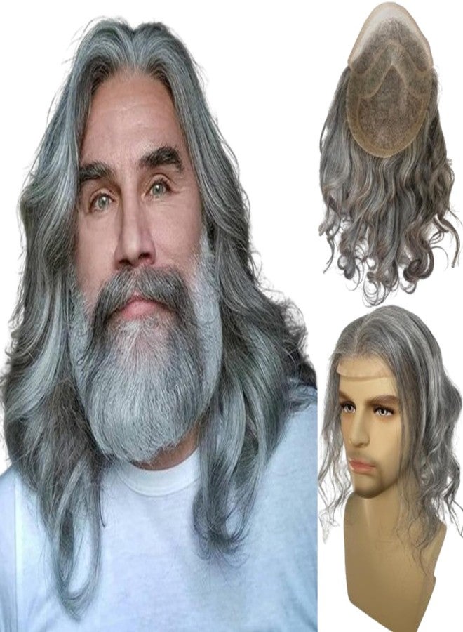 Voloria 12" Long Hair Men's Toupee Natural Wave Hair Replacement System for Men 10"x8" Base Size 1B Black Color Real Human Hair Mixed 80% Grey Synthetic - Image 1