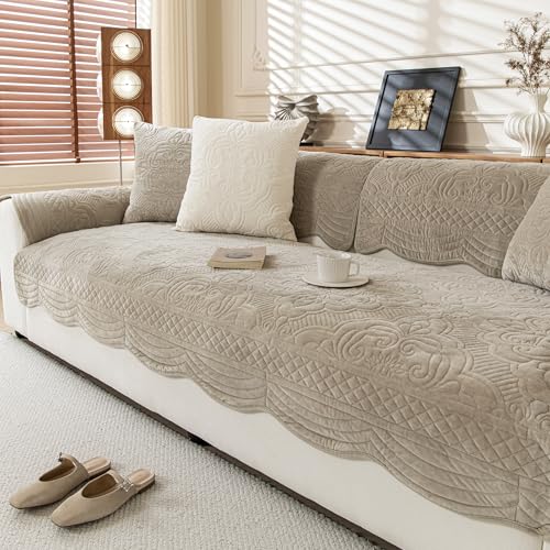 KaviKon Couch Cover Sofa Covers Washable Velvet Fleece Sofa Slipcovers for 3 Cushion Couch NonSlip Furniture Protector for Dog Pet L Shaped Recliner Sectional Couch Cover Taupe36X71Only 1 Pcs - Image 1