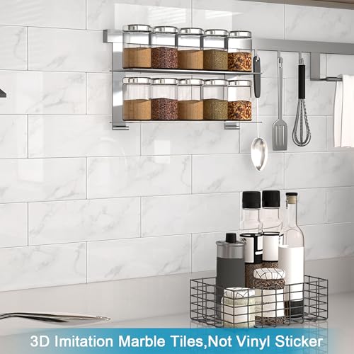 BeNice Peel and Stick Backsplash for Kitchen Tile,Peel and Stick Tiles for Walls Tile Stickers Waterproof Marble Tile Backsplash 3.85"x11.73"(16Tiles) Carrara White - Image 3