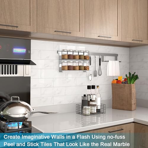 BeNice Peel and Stick Backsplash for Kitchen Tile,Peel and Stick Tiles for Walls Tile Stickers Waterproof Marble Tile Backsplash 3.85"x11.73"(16Tiles) Carrara White - Image 5
