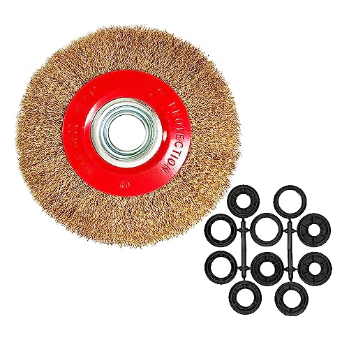 OSFTBVT 8in Bench Wire Wheel Brush | Coarse Crimped Steel Wire 0.012" with 1/2" 5/8" 3/4" 7/8" 1" Arbors for Bench Grinder Brass Coated Steel- 1pcs - Image 1