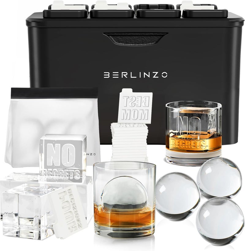 BERLINZO Premium Clear Ice Cube & Ball Maker Mold - 4 Large 2.1" Crystal Clear Square Cubes and 4 Large 2.4" Round Balls - Easy-to-Remove Ice Mold - Storage Bag & 12 Ice Prints Included (Non-Electric) - Image 1