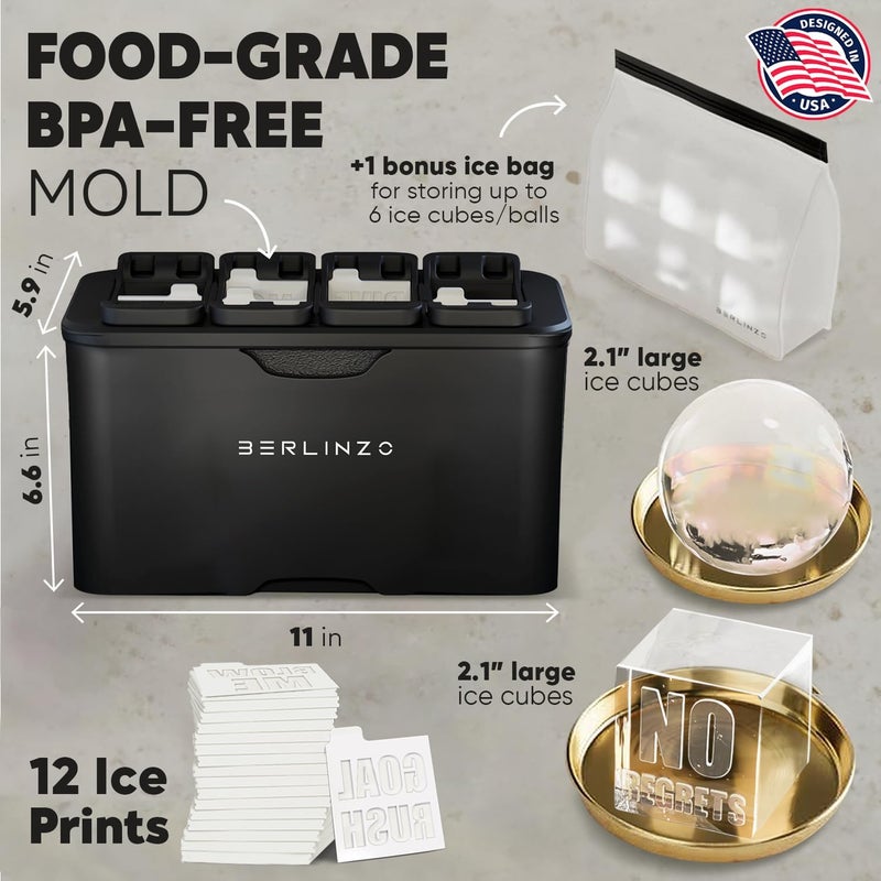 BERLINZO Premium Clear Ice Cube & Ball Maker Mold - 4 Large 2.1" Crystal Clear Square Cubes and 4 Large 2.4" Round Balls - Easy-to-Remove Ice Mold - Storage Bag & 12 Ice Prints Included (Non-Electric) - Image 4