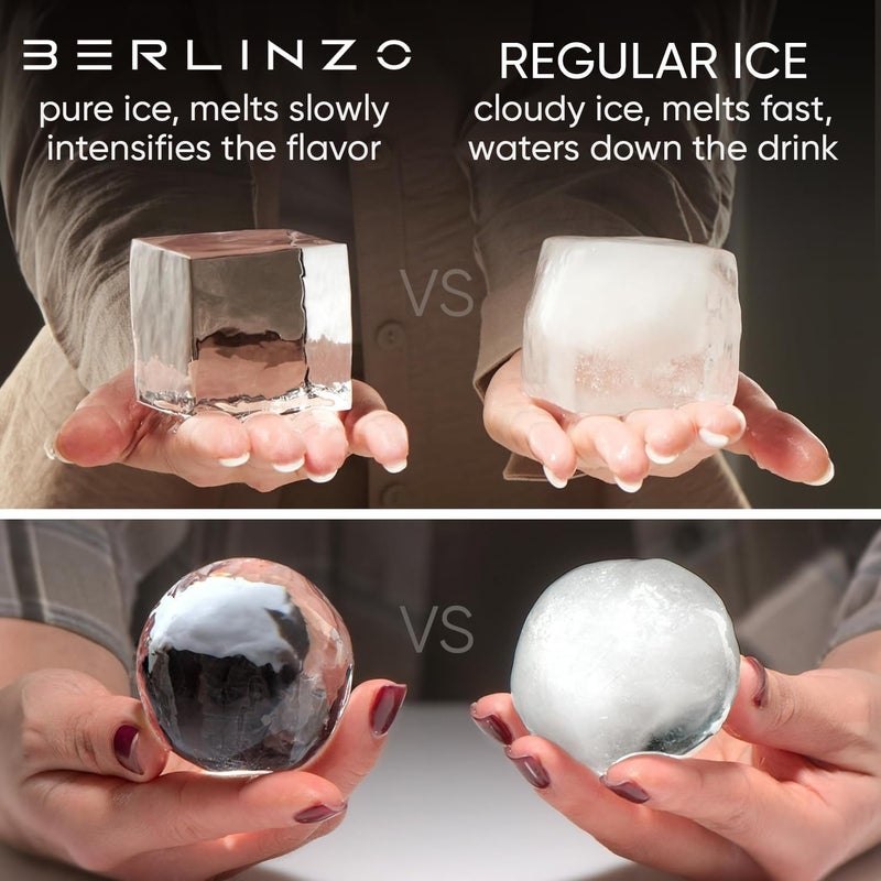 BERLINZO Premium Clear Ice Cube & Ball Maker Mold - 4 Large 2.1" Crystal Clear Square Cubes and 4 Large 2.4" Round Balls - Easy-to-Remove Ice Mold - Storage Bag & 12 Ice Prints Included (Non-Electric) - Image 2