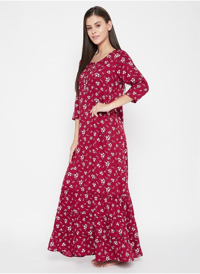 Clovia - Women Maroon Floral 3/4 Sleeve Nighty Nightdress by Styli - Image 1