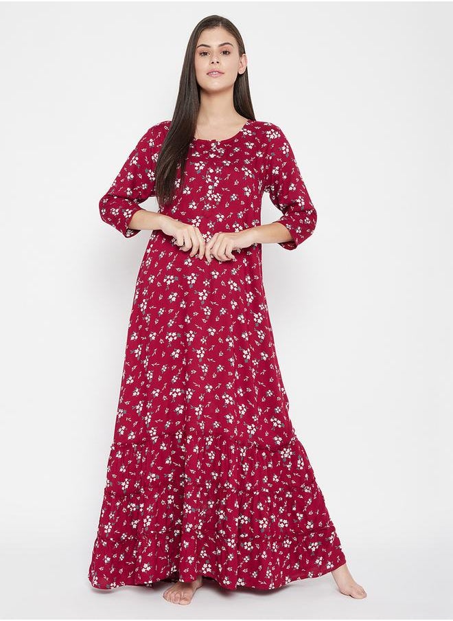 Clovia - Women Maroon Floral 3/4 Sleeve Nighty Nightdress by Styli - Image 1