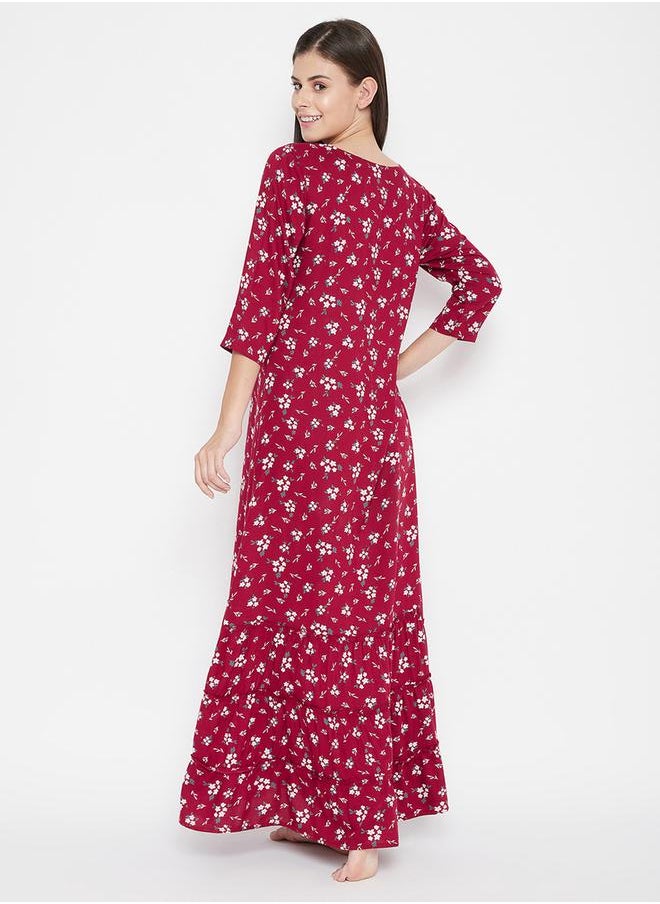 Clovia - Women Maroon Floral 3/4 Sleeve Nighty Nightdress by Styli - Image 1