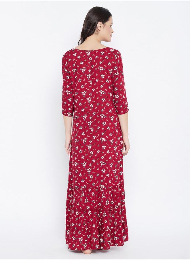 Clovia - Women Maroon Floral 3/4 Sleeve Nighty Nightdress by Styli - Image 1