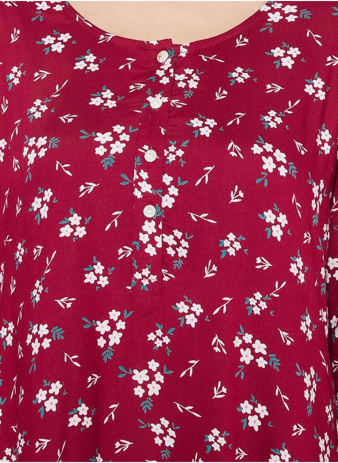 Clovia - Women Maroon Floral 3/4 Sleeve Nighty Nightdress by Styli - Image 1