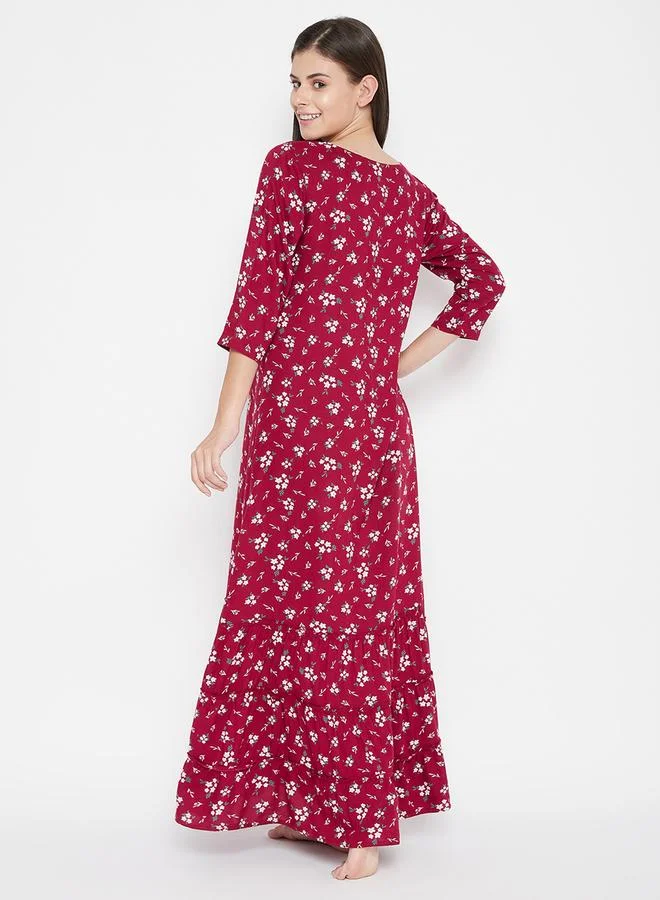 Clovia Clovia Women Maroon Floral 3/4 Sleeve Nighty Nightdress
