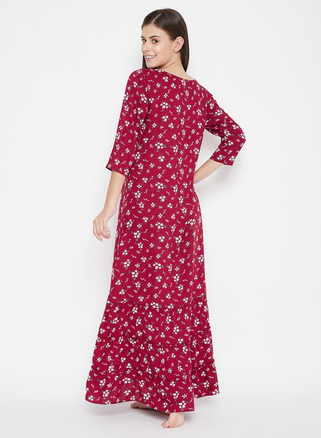 Clovia Clovia Women Maroon Floral 3/4 Sleeve Nighty Nightdress  - Image 4