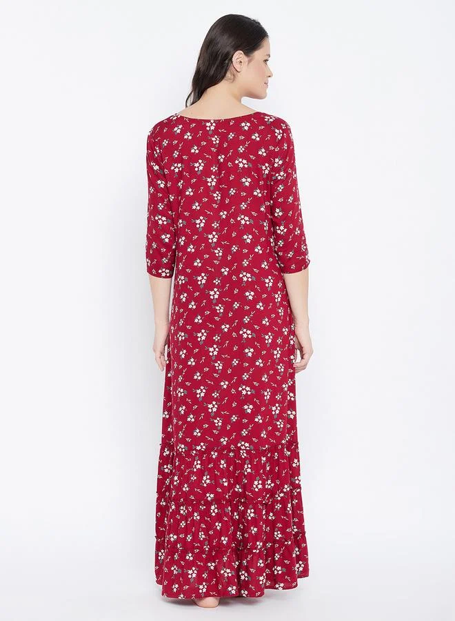Clovia Clovia Women Maroon Floral 3/4 Sleeve Nighty Nightdress