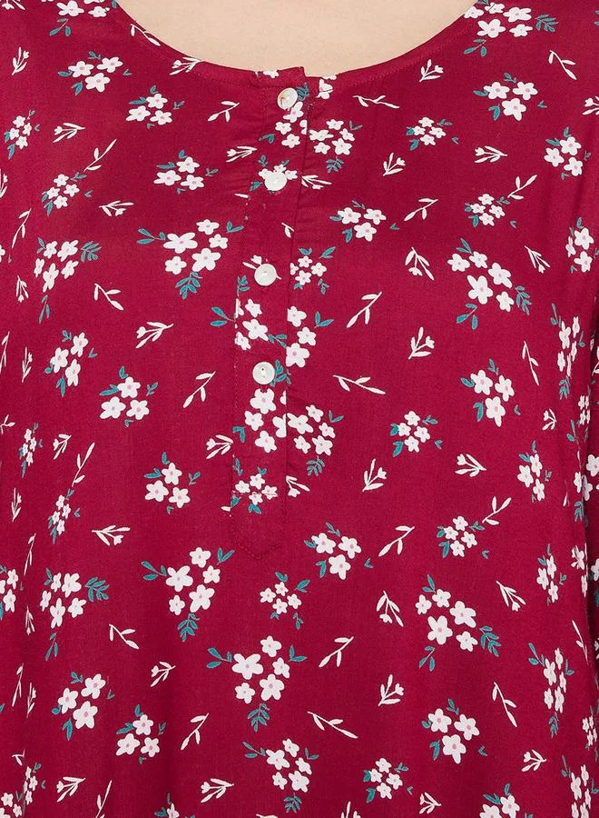 Clovia Clovia Women Maroon Floral 3/4 Sleeve Nighty Nightdress