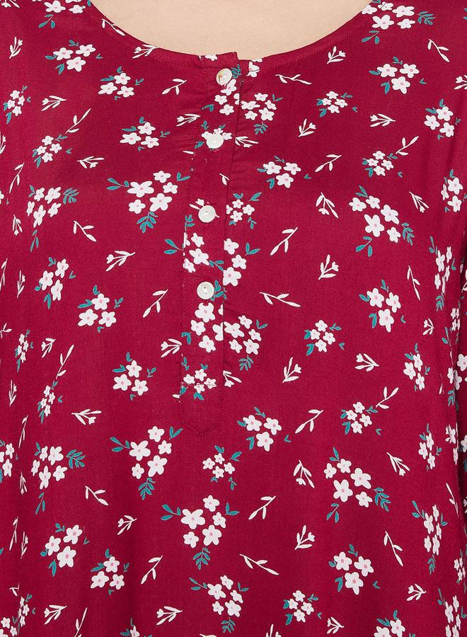 Clovia Clovia Women Maroon Floral 3/4 Sleeve Nighty Nightdress  - Image 5