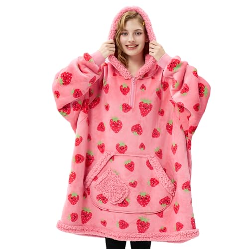 Giggling Getup Wearable Blanket Hoodie for Adults Gifts for Teen Girls Sister Women Sherpa Fleece Printed Hooded Blanket Sweatshirt Warm Cozy with Pocket Sleeves Strawberry