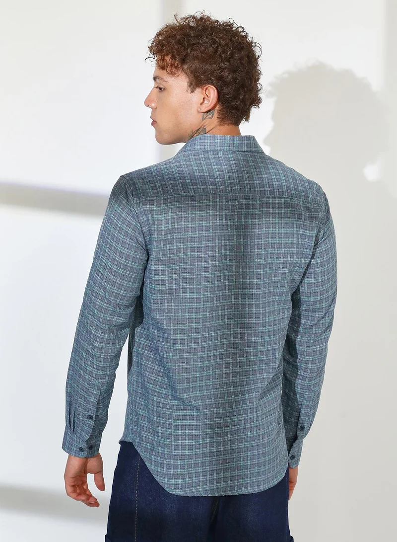 CAHOOT  Men's Icy Blue Micro-Tartan Plaid Shirt for Men | Best Price UAE
