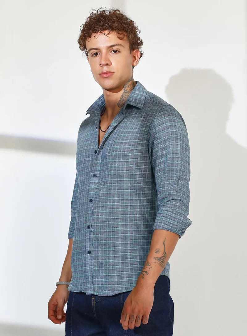 CAHOOT  Men's Icy Blue Micro-Tartan Plaid Shirt for Men | Best Price UAE