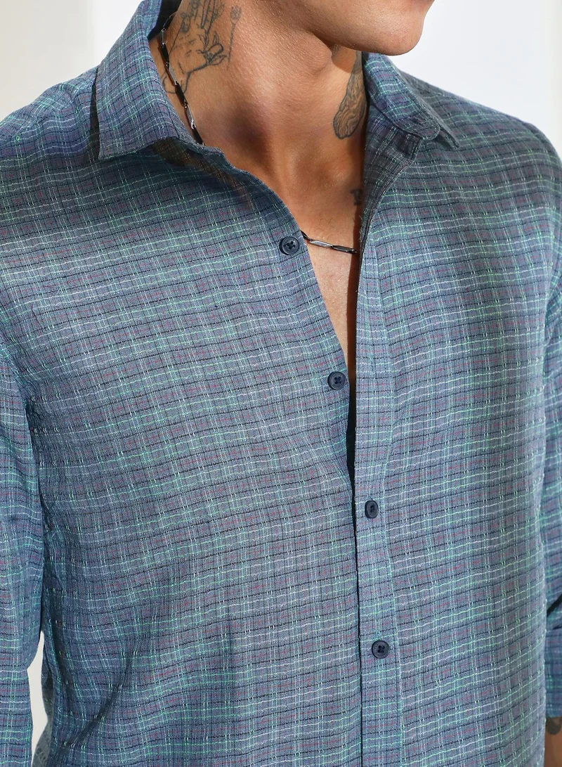 CAHOOT  Men's Icy Blue Micro-Tartan Plaid Shirt for Men | Best Price UAE