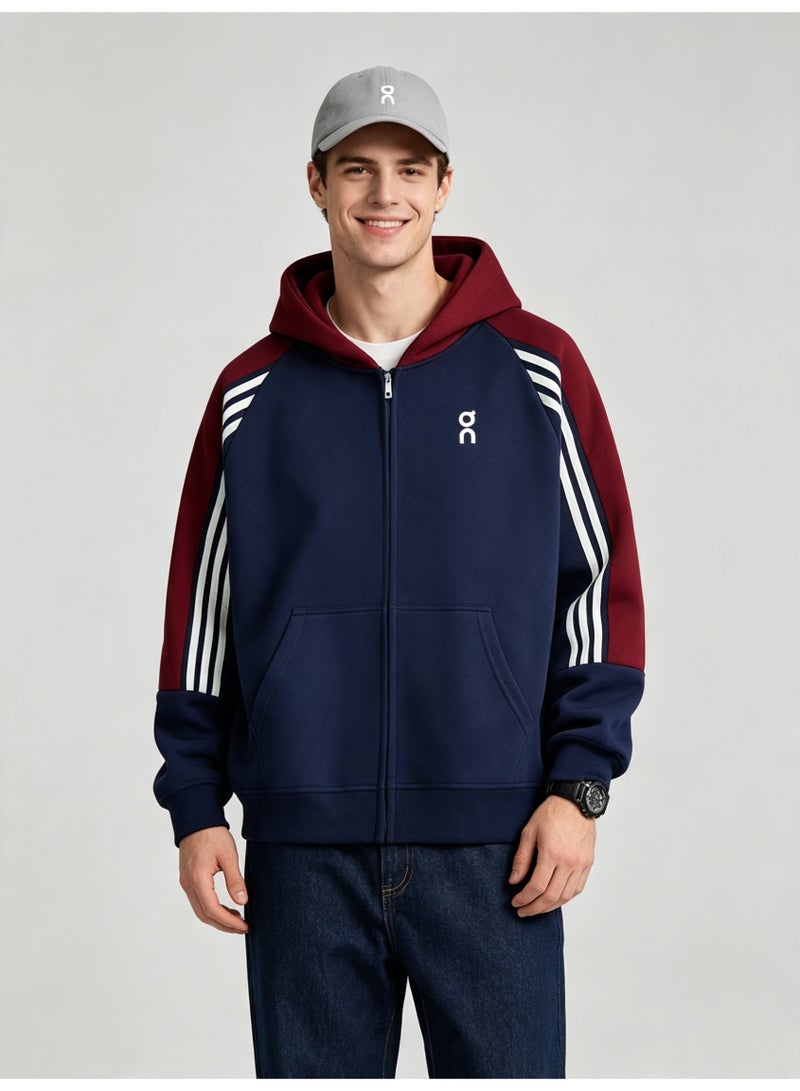 On Running Men and women with matching color hooded striped raglan sleeve zipper coat - Image 5