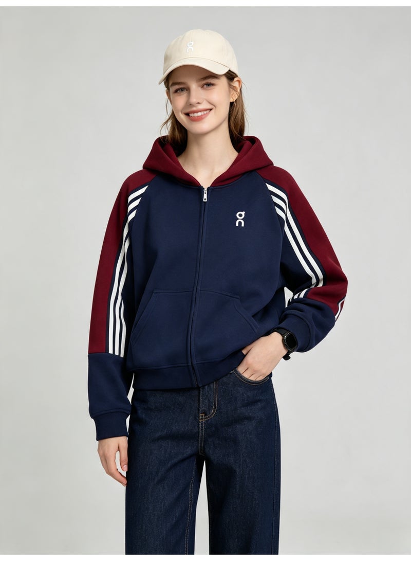 On Running Men and women with matching color hooded striped raglan sleeve zipper coat - Image 3
