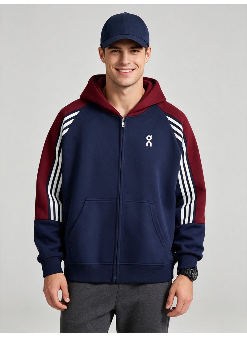 On Running Men and women with matching color hooded striped raglan sleeve zipper coat - Image 1