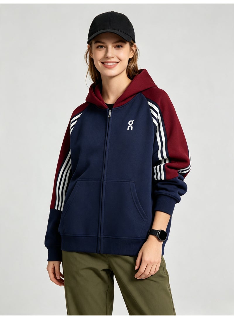 On Running Men and women with matching color hooded striped raglan sleeve zipper coat - Image 4