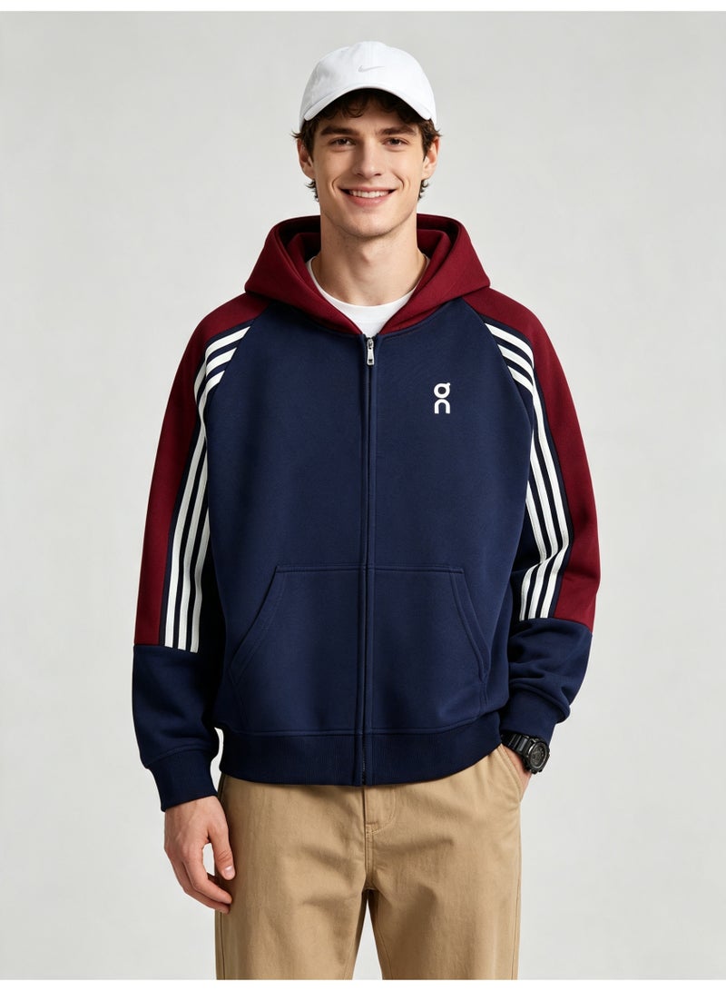 On Running Men and women with matching color hooded striped raglan sleeve zipper coat - Image 2