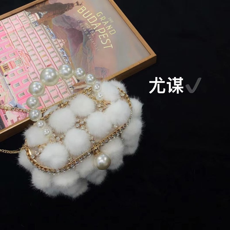 Metal Pearl Mink Furry Vegetable Basket Bucket Bag Banquet Shiny Rhinestone Plush Bird Cage Hand-Held Messenger Bag - Image 3