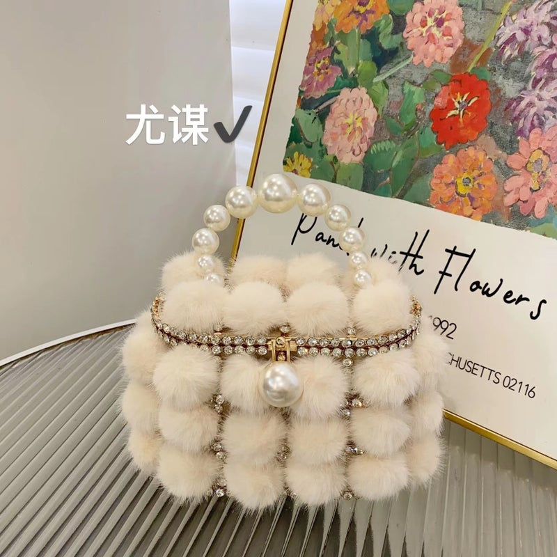 Metal Pearl Mink Furry Vegetable Basket Bucket Bag Banquet Shiny Rhinestone Plush Bird Cage Hand-Held Messenger Bag - Image 2