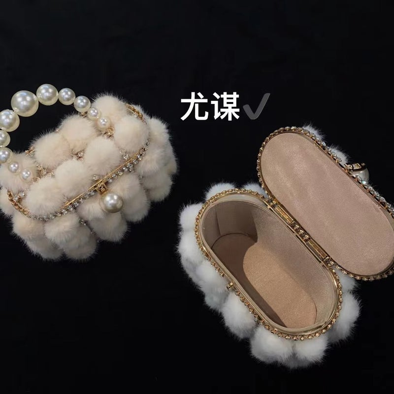 Metal Pearl Mink Furry Vegetable Basket Bucket Bag Banquet Shiny Rhinestone Plush Bird Cage Hand-Held Messenger Bag - Image 5