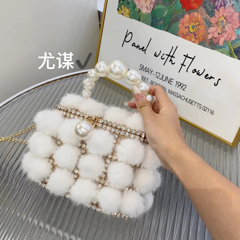 Metal Pearl Mink Furry Vegetable Basket Bucket Bag Banquet Shiny Rhinestone Plush Bird Cage Hand-Held Messenger Bag - Image 4