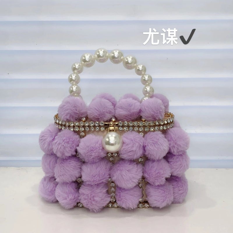 Metal Pearl Mink Furry Vegetable Basket Bucket Bag Banquet Shiny Rhinestone Plush Bird Cage Hand-Held Messenger Bag - Image 1