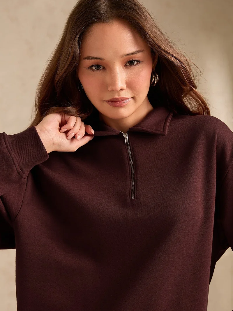 Outzidr Brown Plush Russian Fleece Zip-Up Sweatshirt