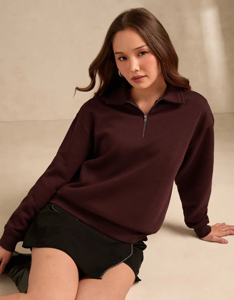Outzidr brown Brown Plush Russian Fleece Zip-Up Sweatshirt for Women | Best Price UAE