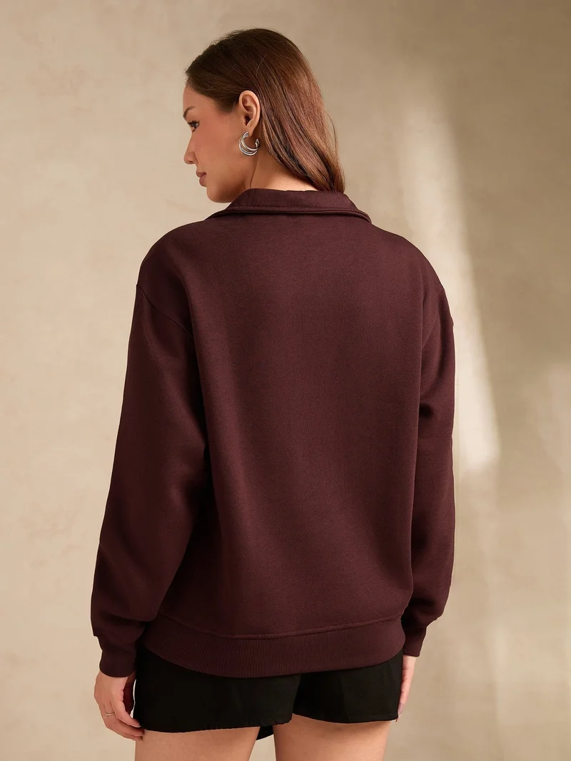 Outzidr brown Brown Plush Russian Fleece Zip-Up Sweatshirt for Women | Best Price UAE