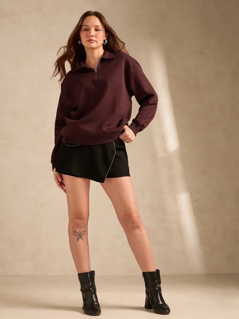 Outzidr brown Brown Plush Russian Fleece Zip-Up Sweatshirt for Women | Best Price UAE