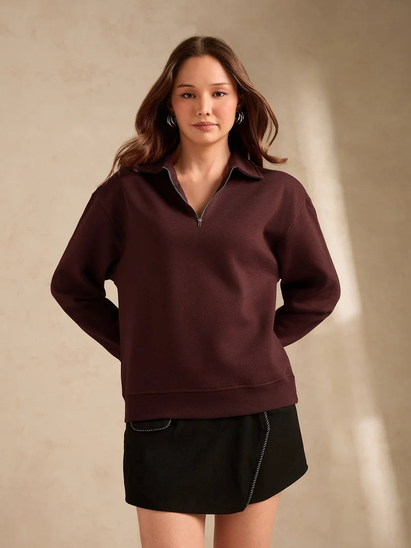 Outzidr Brown Plush Russian Fleece Zip-Up Sweatshirt