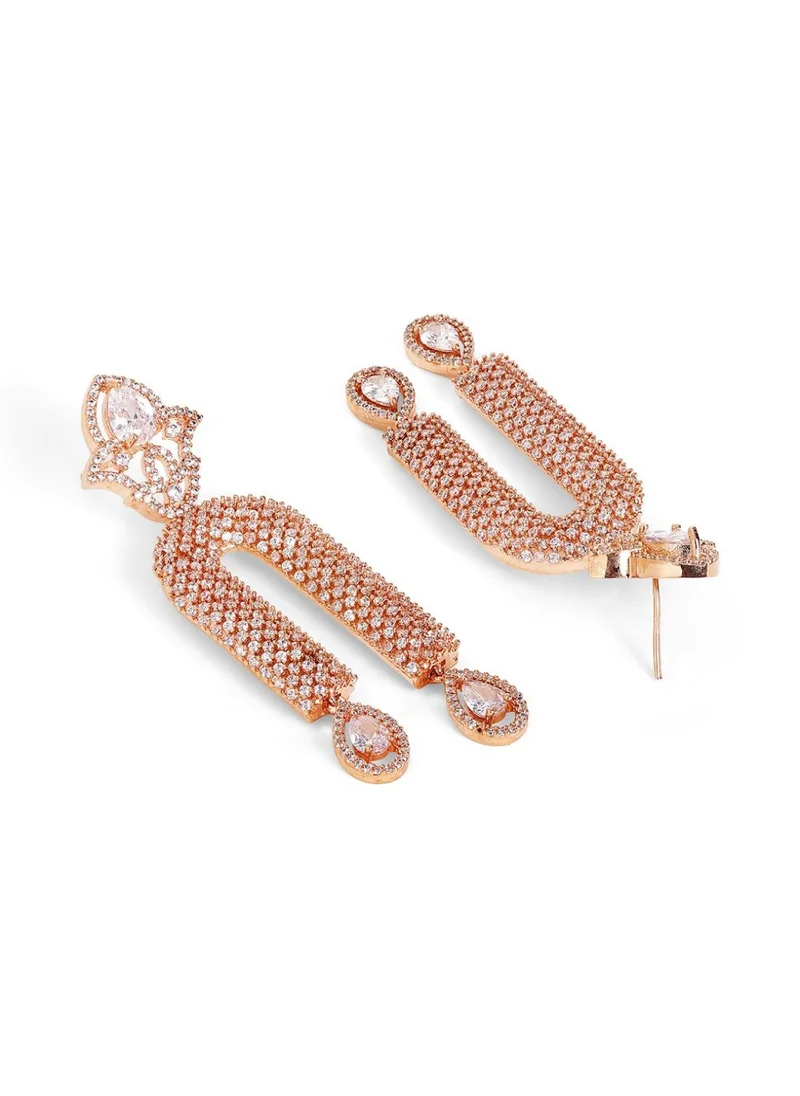 Priyaasi Rose American Diamond-Stone Studded Teardrop Shaped Drop Earrings