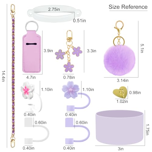 Velaco 11 PCS Accessories for Stanley Cup, Water Bottle Handle Strap for Stanley 30/40 oz tumbler with handle, including Straw Toppers, Silicone Cup Boot, Keychain Charms - Purple - Image 4