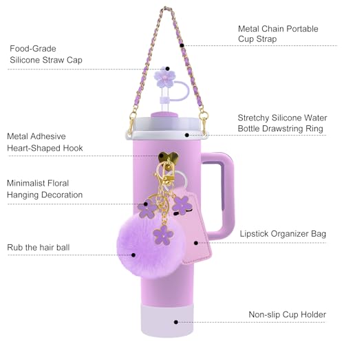 Velaco 11 PCS Accessories for Stanley Cup, Water Bottle Handle Strap for Stanley 30/40 oz tumbler with handle, including Straw Toppers, Silicone Cup Boot, Keychain Charms - Purple - Image 5