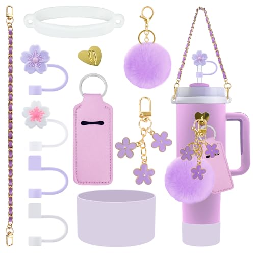 Velaco 11 PCS Accessories for Stanley Cup, Water Bottle Handle Strap for Stanley 30/40 oz tumbler with handle, including Straw Toppers, Silicone Cup Boot, Keychain Charms - Purple - Image 1