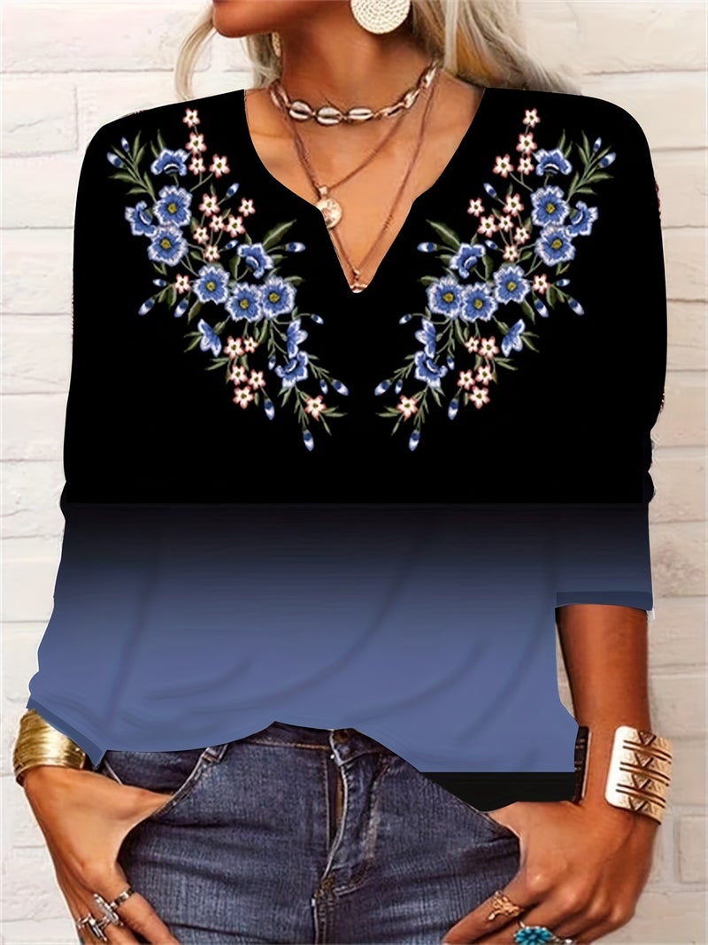 2025 Spring Loose Long Sleeve Flower Mang V-neck T-shirt Base Shirt Women's Wear - Image 1